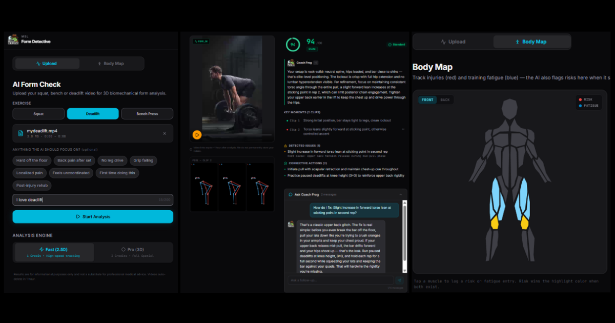 Form Detective product screenshot showing 3D skeleton analysis and rep-by-rep coaching feedback